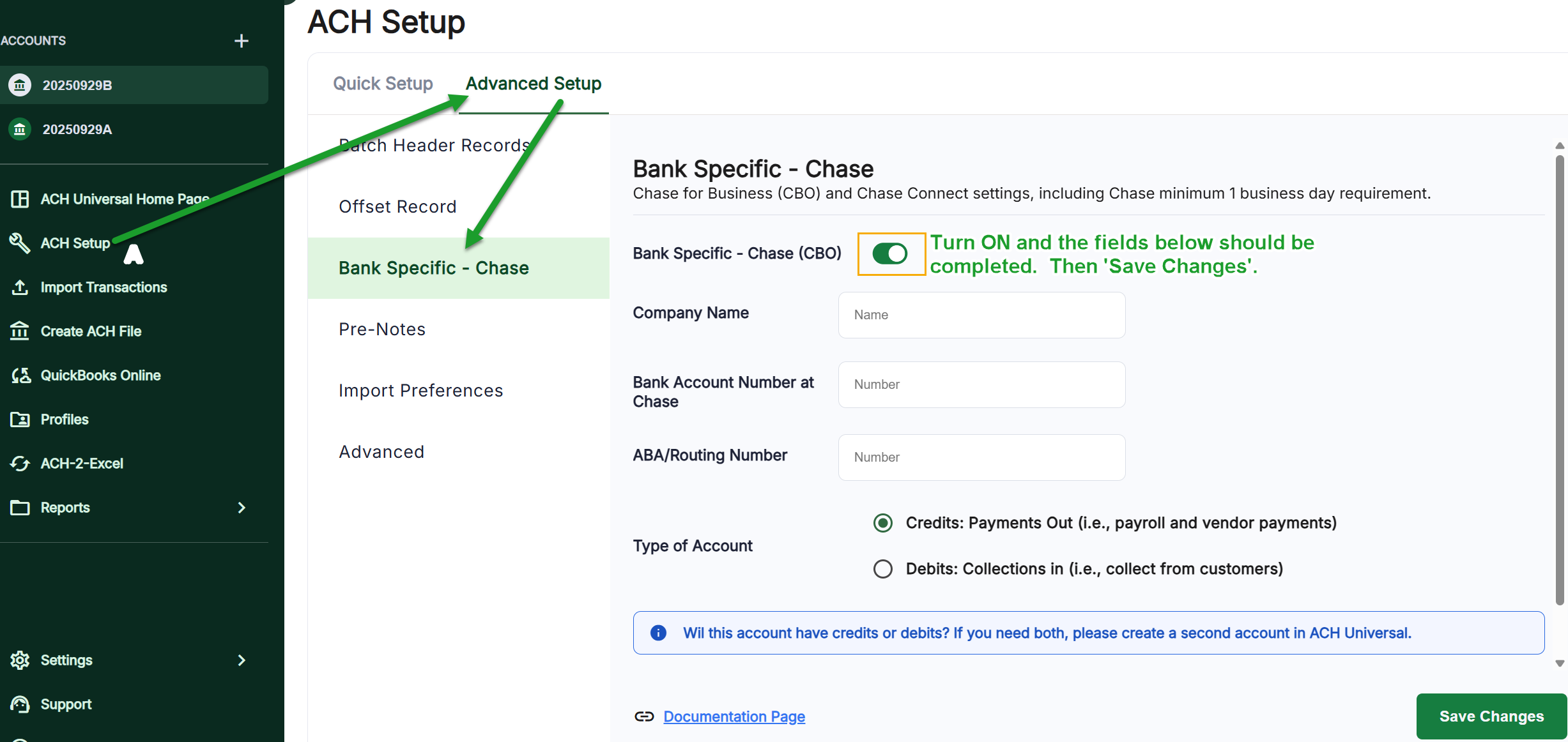Screenshot of ACH Universal's Bank Specific settings for Chase Business Online, showing the toggle to enable Chase configuration