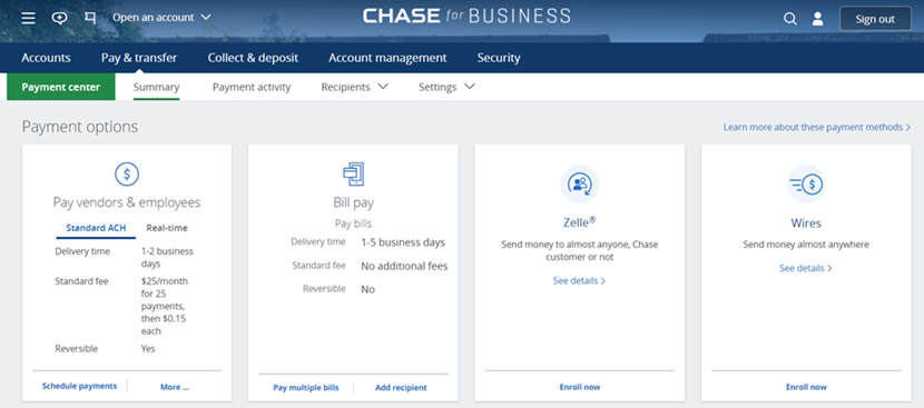Screenshot of the Chase Business Online (CBO) ACH payment setup interface for uploading Nacha files
