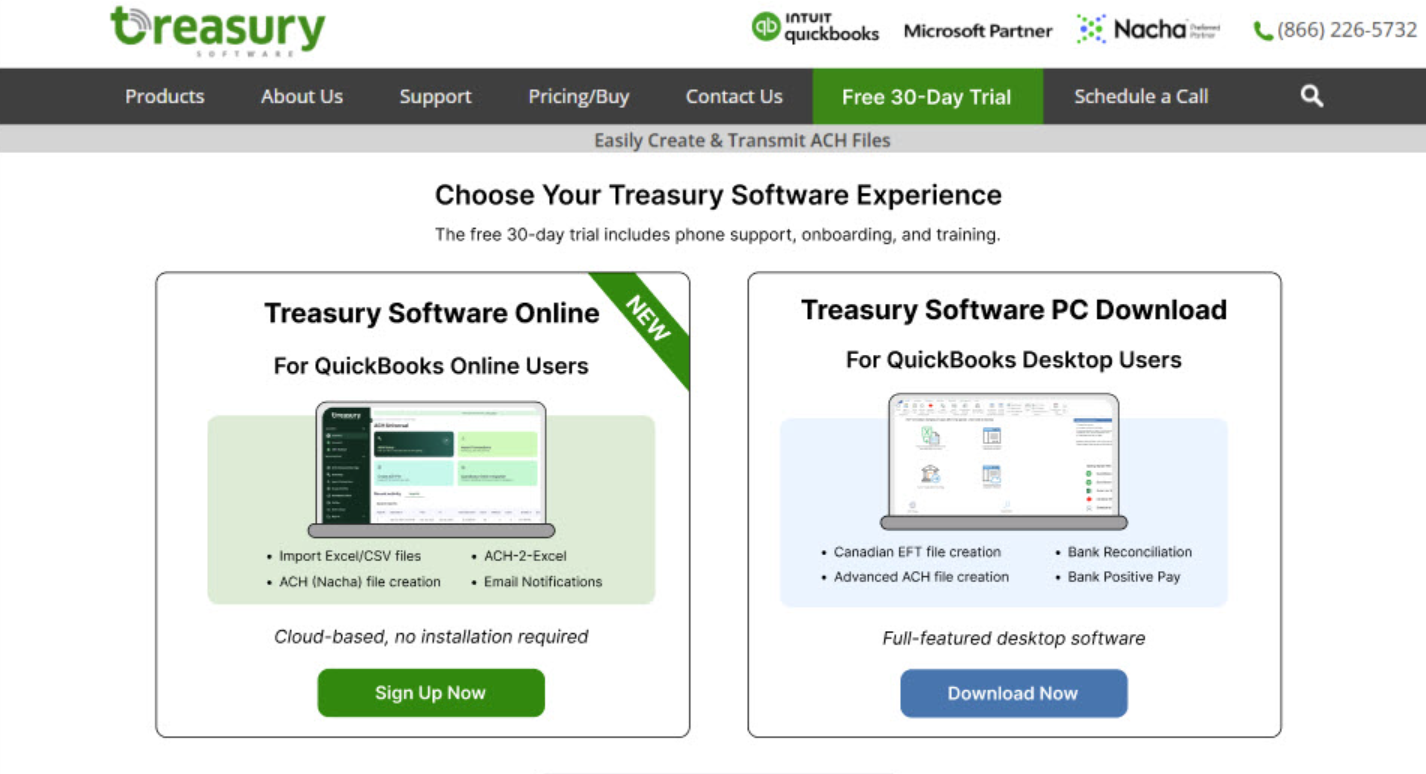 Screenshot of sign up screen, showing that you can choose Treasury Software Online or Treasury Software PC Download based on your needs.
