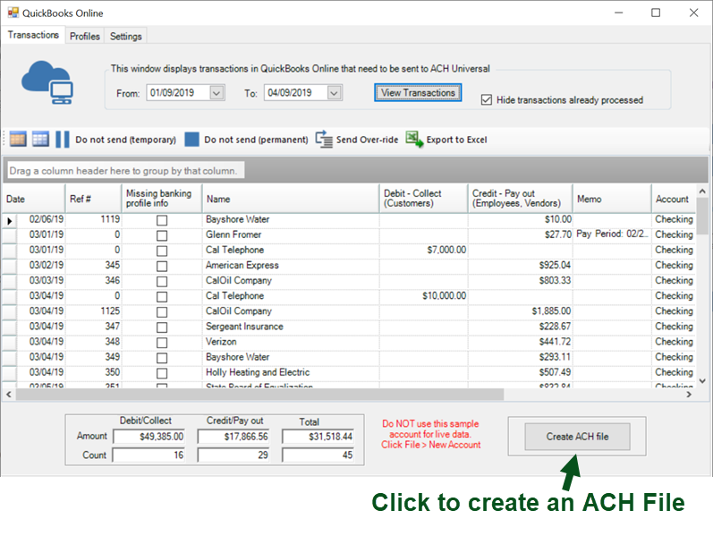 quickbooks ach credits and debits