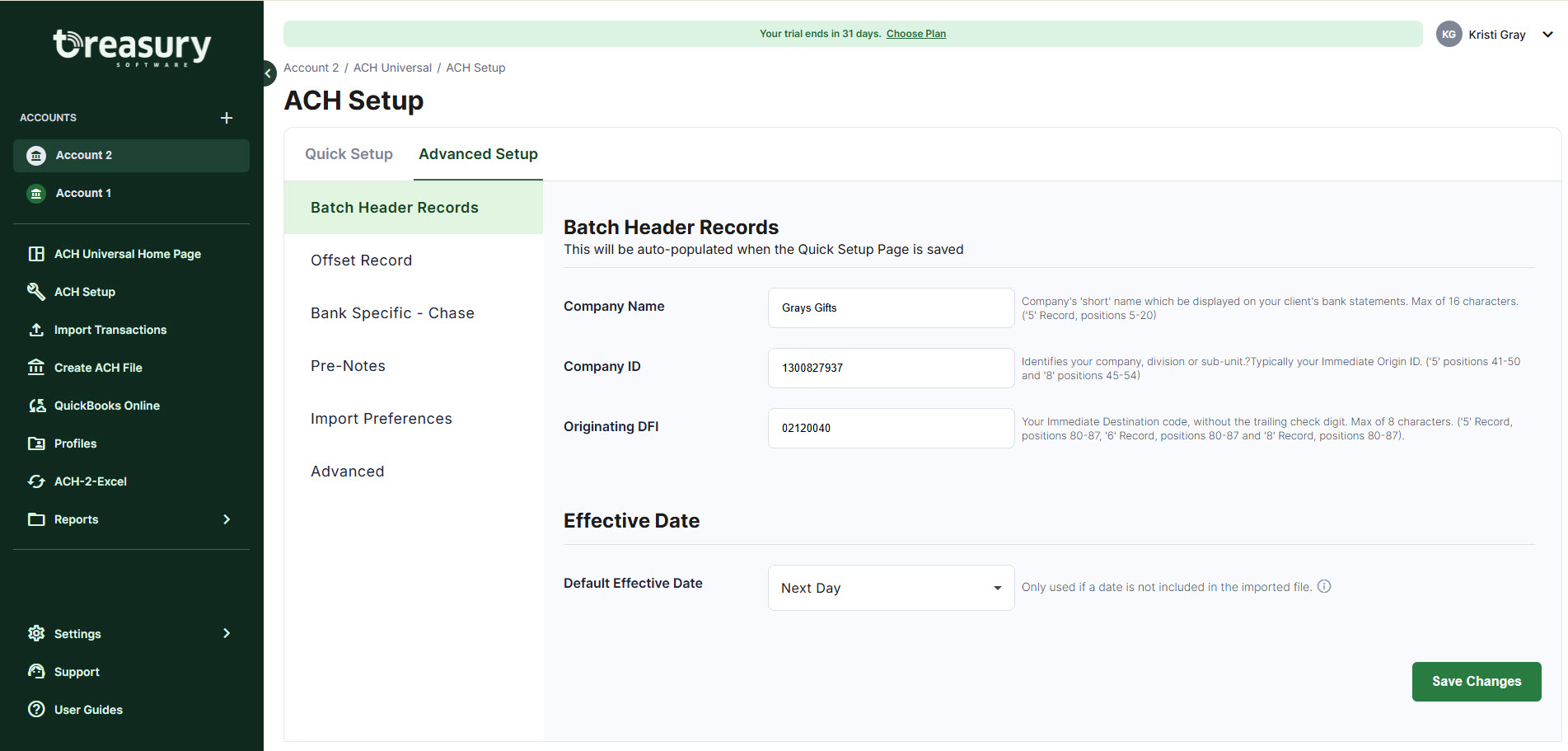Screenshot of ACH Setup: Advanced Setup: Batch Header Records - this tab allows you to update the batch header record of the ACH file.
