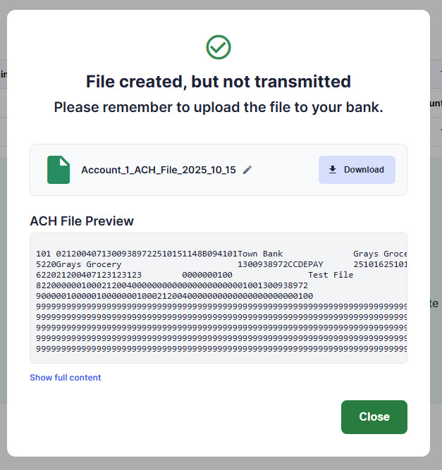 Screenshot of notification created after clicking on 'Create File'.