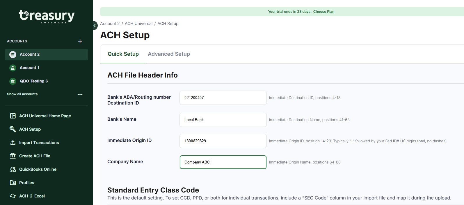 Screenshot of ACH Universal Online: ACH Setup: Quick Setup: ACH File Header Info - wizard screen used to populate the header line of the Nacha file.