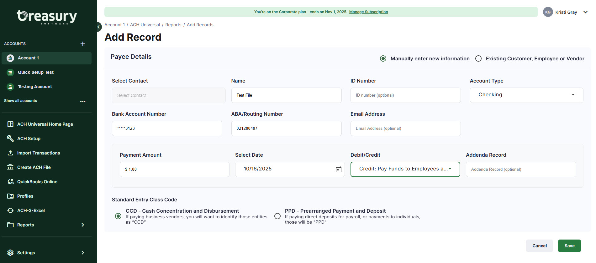 Screenshot of 'Add Record' page used to enter the information to create a manual ACH transaction.