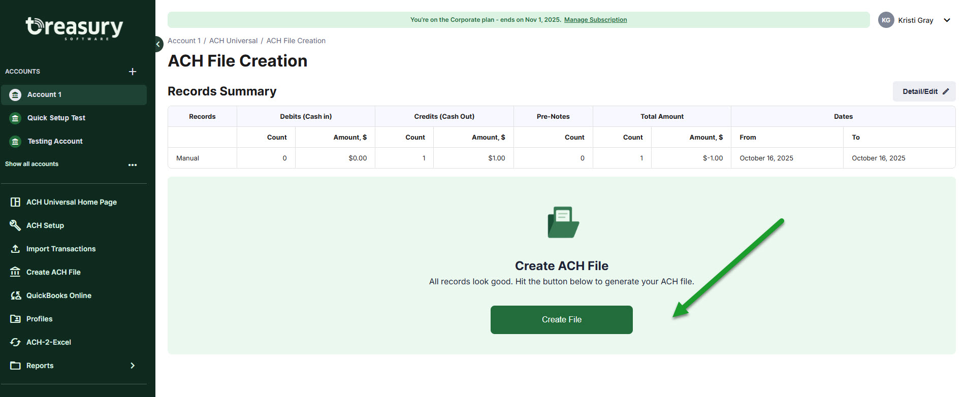 Screenshot of the 'ACH File Creation' screen with arrow pointing to 'Create File' button.