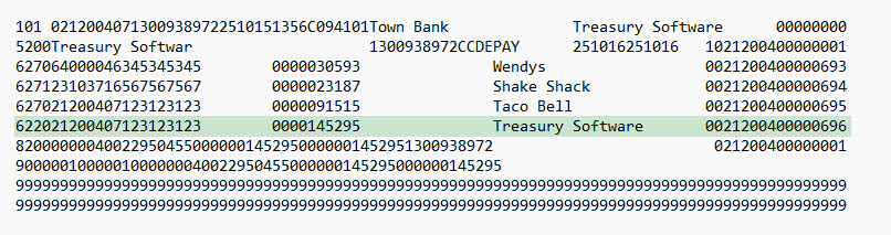 A balanced ACH (Nacha) file with the offset record included as the final transaction line.