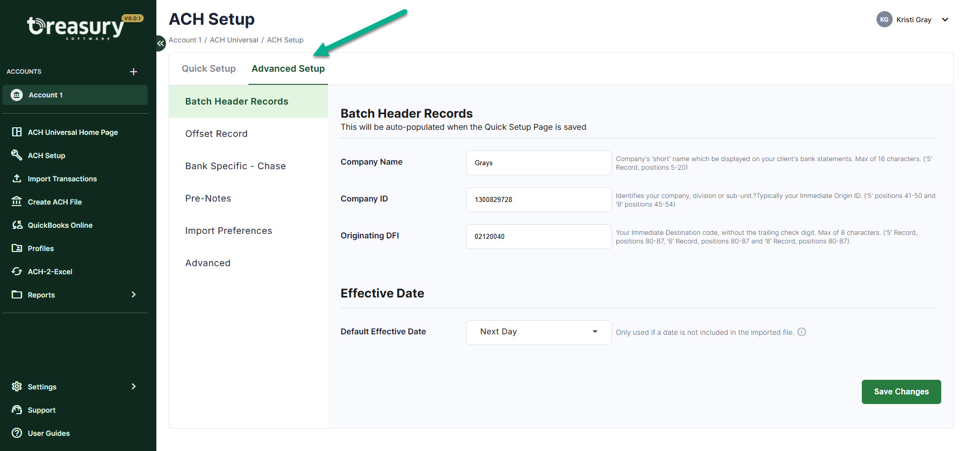 ACH Setup Advanced Setup tab, showing additional left menu options