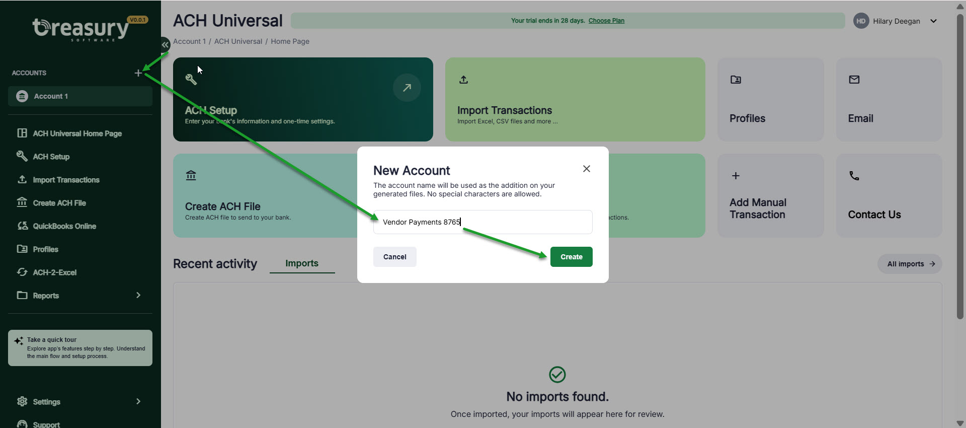 Screenshot of ACH Universal Online Home Page, pointing to 'Add an Account' icon at the top left side of the screen