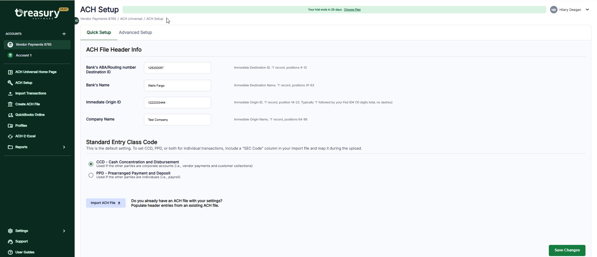 Screenshot of ACH Universal Online ACH Quick Setup screen