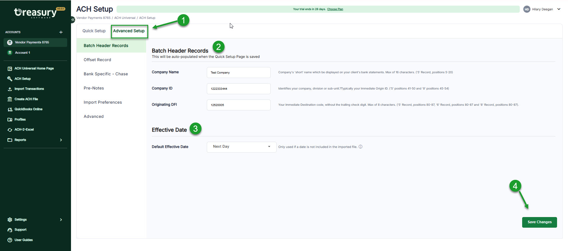 Screenshot of ACH Setup, Advanced Setup tab