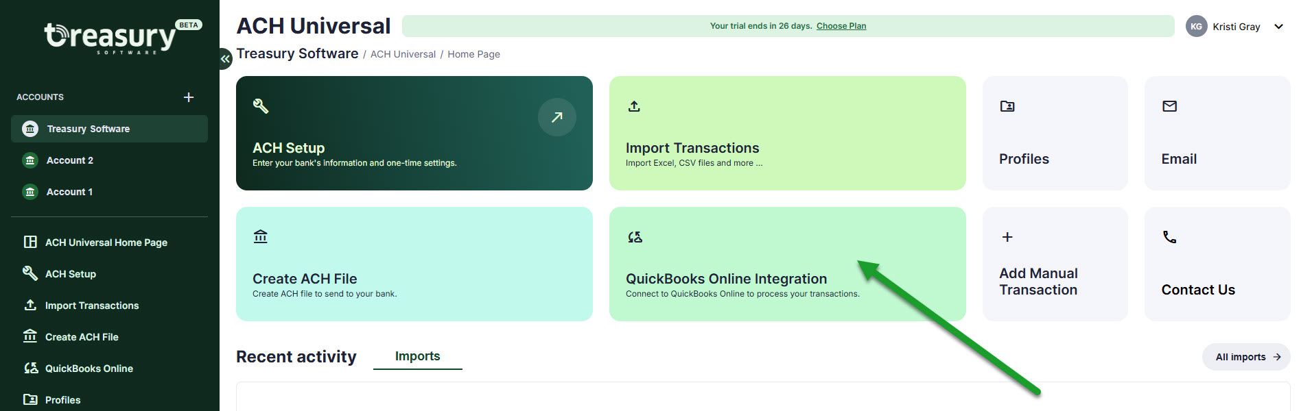 Screenshot of ACH Universal Online Home Page, arrow pointing to the QuickBooks Online Integration Tile.jpg