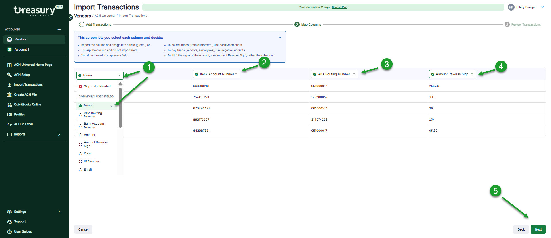 Screenshot of the ACH Universal Online Import Transactions screen, showing the steps to map your import file