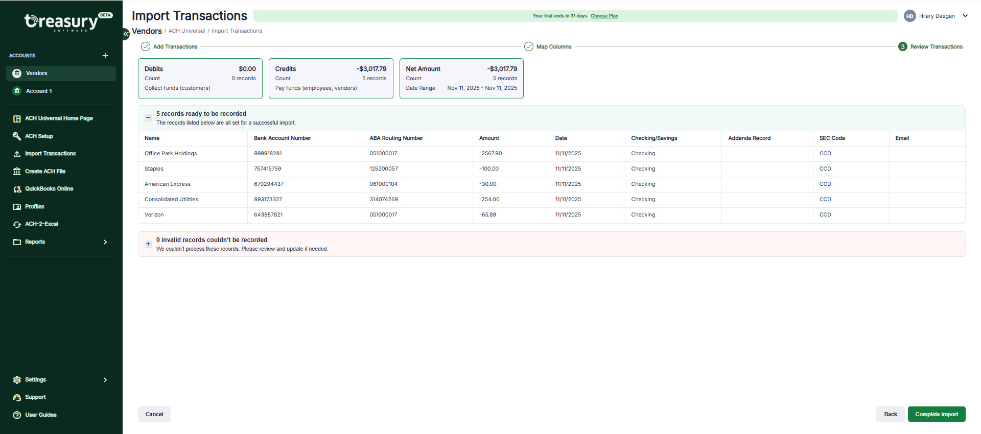 Screenshot of the Import Transactions screen, showing the imported information, after importing.