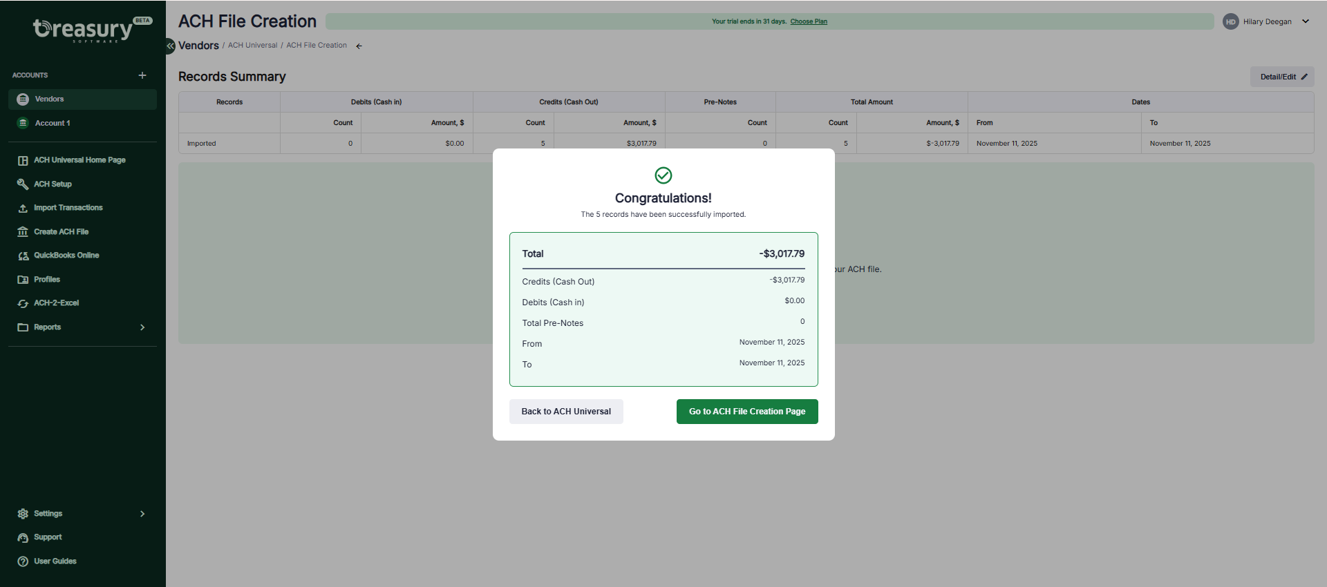 Screenshot ACH Universal Online ACH File Creation Screen