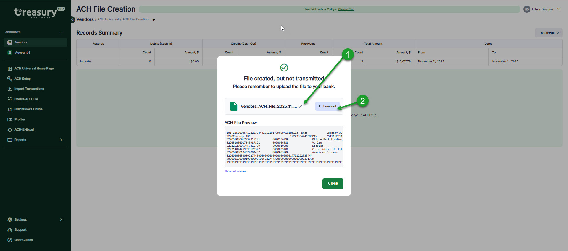 Screenshot of the created file pop-up, enabling you to edit the name of the file and download the file