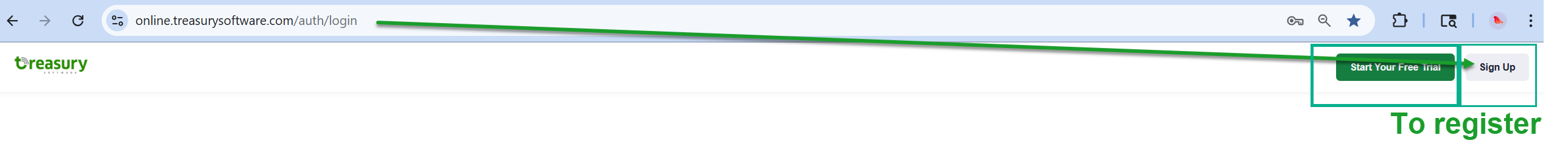 Screenshot of secure.treasurysoftware.com, 'Sign Up' button to the right of the 'Start Your Free Trial' button.