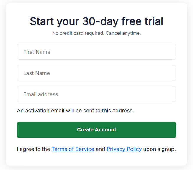 Screenshot of 'Start your 30-day free trial' box requiring your first name, last name, and email address to create an account.