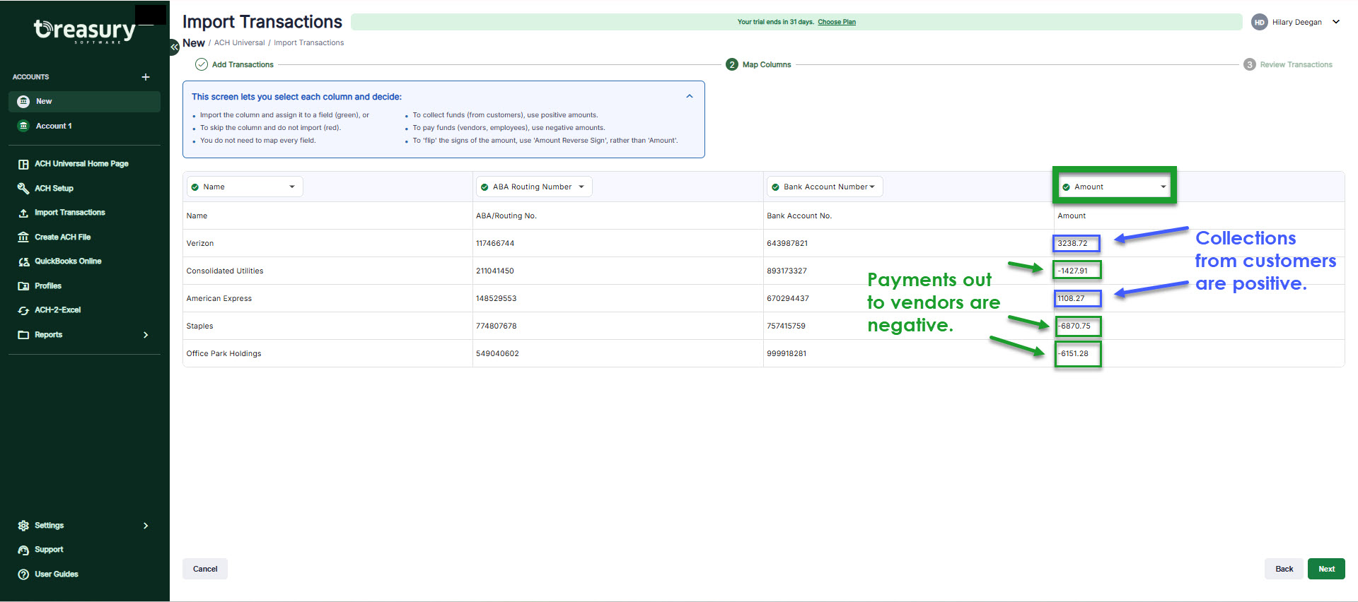 Screenshot of Import Transactions screen, explaining that negative amounts are used for payments out and positive amounts are use for collections.