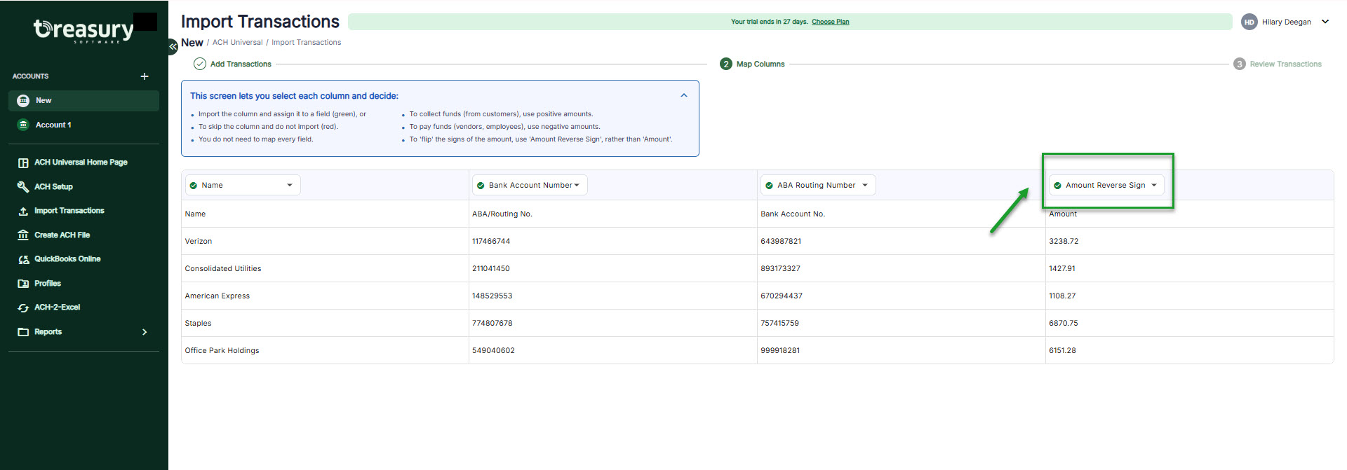 Screenshot of Import Transactions screen, showing the 'Amount Reverse Sign' option.