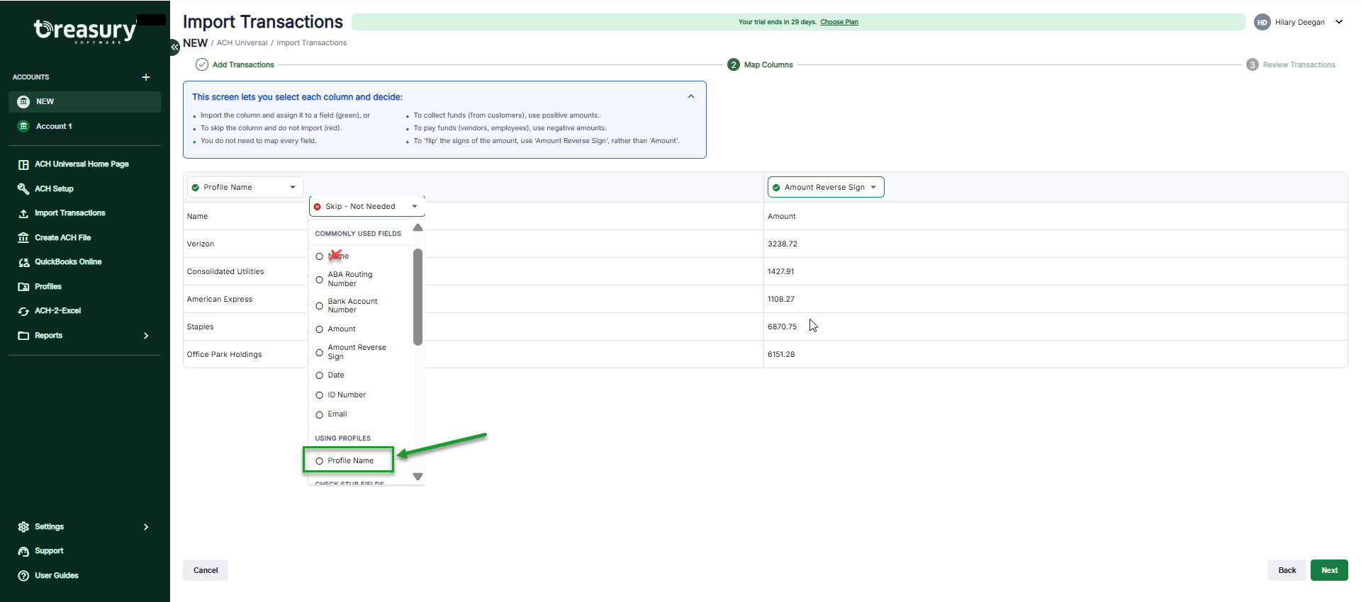 Screenshot of Import Transactions screen, showing 'Profile Name' mapping option.