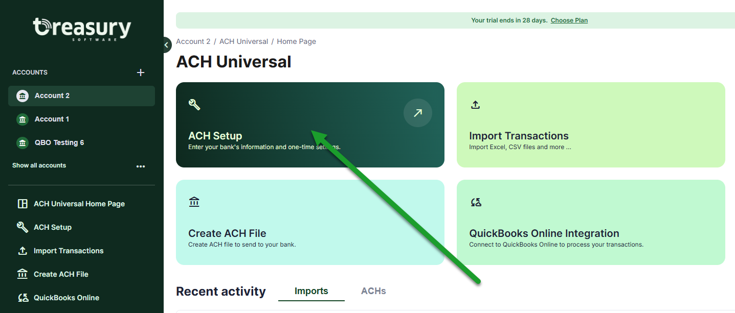Screenshot of ACH Universal Online Home Page - pointing to the ACH Setup Tile - clicking on this will open the ACH Setup Wizard