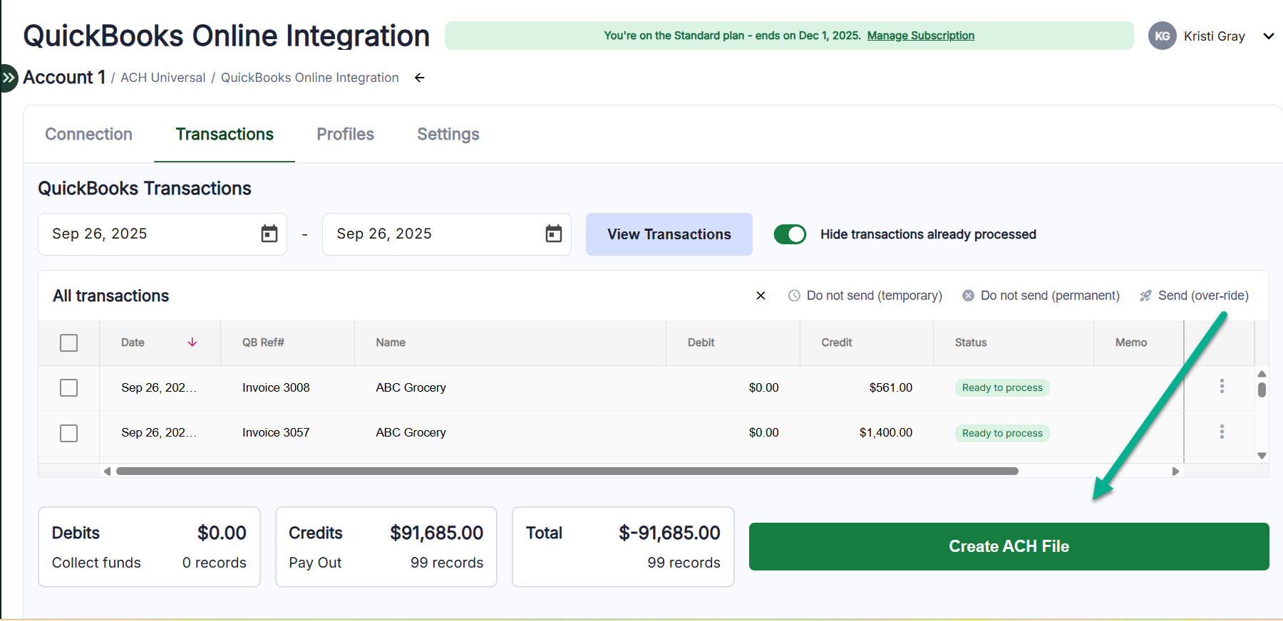 Screenshot of QuickBooks Online Integration wizard, Transactions screen, pointing to the 'Create ACH File' button at the bottom right side.