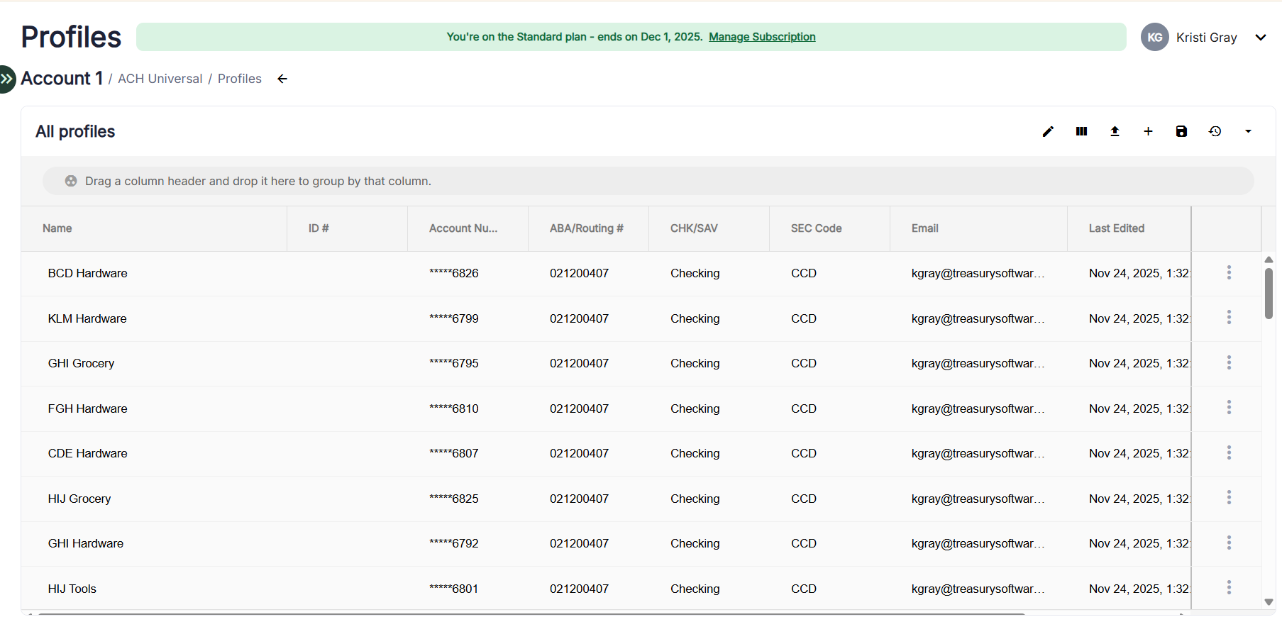 Screenshot of Profiles in ACH Universal Online