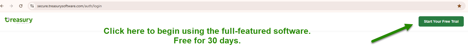 Screenshot of secure.treasurysoftware.com, pointing to the 'Start Your Free Trial' button on the top right side of the screen.