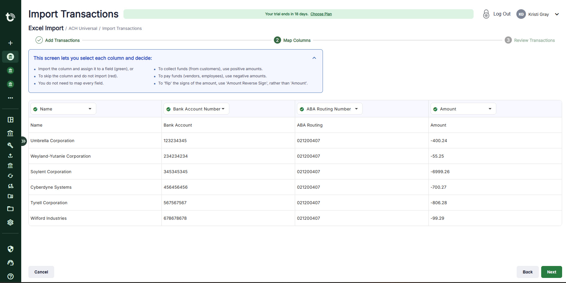 Screenshot of ACH Universal Online Import Transactions Screen