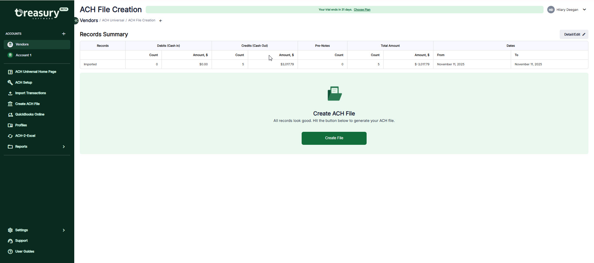 Screenshot of the ACH File Creation screen