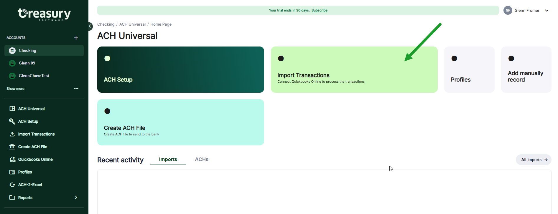 ACH Universal Online Home Page, pointing the 'Import Transactions' tile