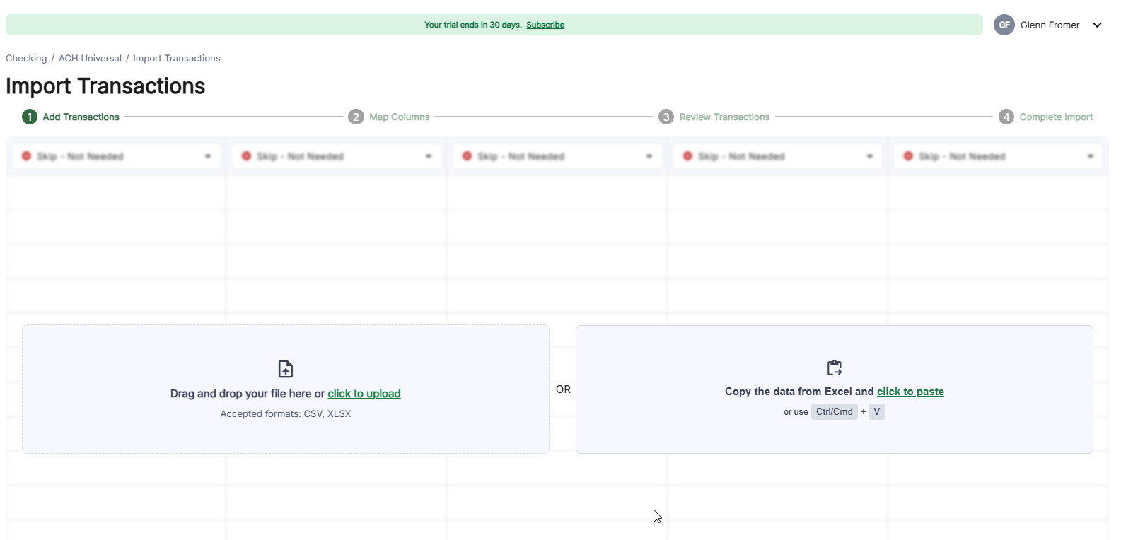 Screenshot of the 'Import Transactions' screen, showing that you can upload a file or copy and paste the data from a file